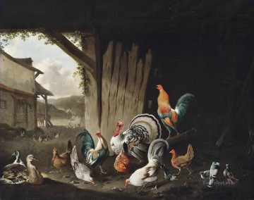 Turkeys chickens ducks and pigeons in a farm Philip Reinagle fowl Oil Paintings